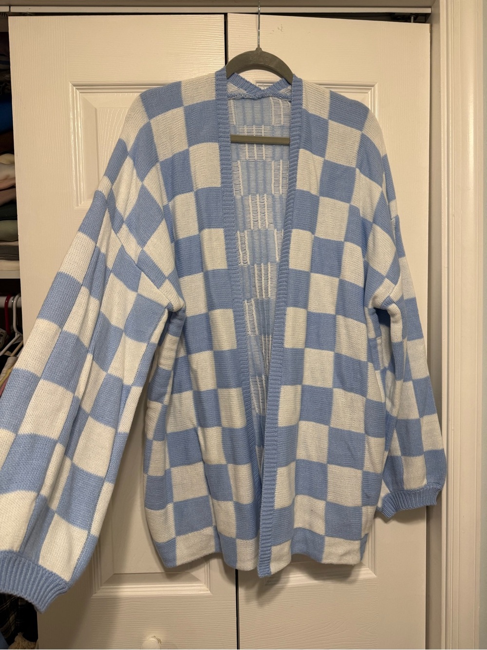 SHEIN Checkered Pattern Drop Shoulder Cardigan Sweater Blue & White Size XL